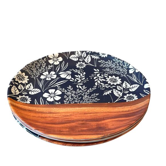 Rachel Ashwell Wood Grain Blue Floral Melamine Dinner Plates 11" Set of 4 New - Picture 5 of 11